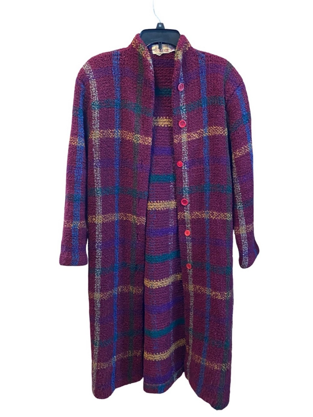 Vintage wool longline plaid knit burgundy button down cardigan coat medium